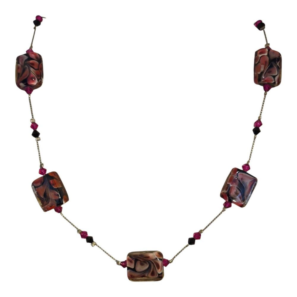 Colorful Chunky Beads Necklace Pink Purple Murano Style Fashion Jewelry